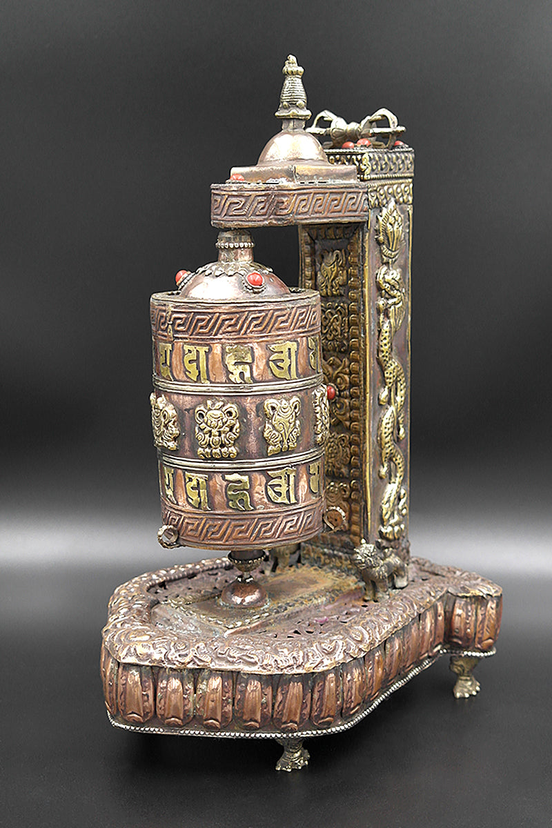 Tibetan Prayer Wheel with Eight Auspicious symbols in Stupa Frame