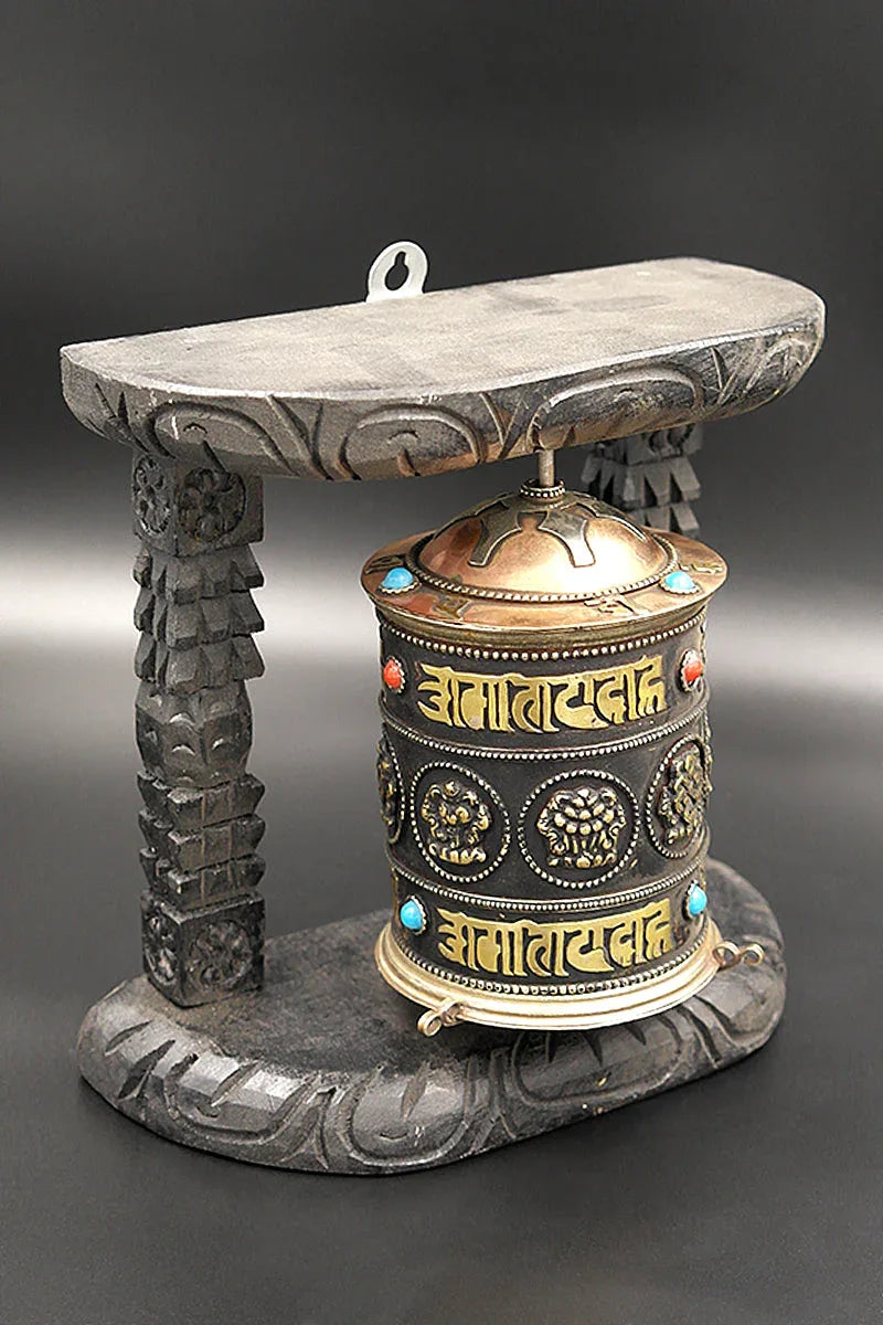 Eight Auspicious Symbols Buddhist Prayer Wheel in wooden frame - Vajracrafts