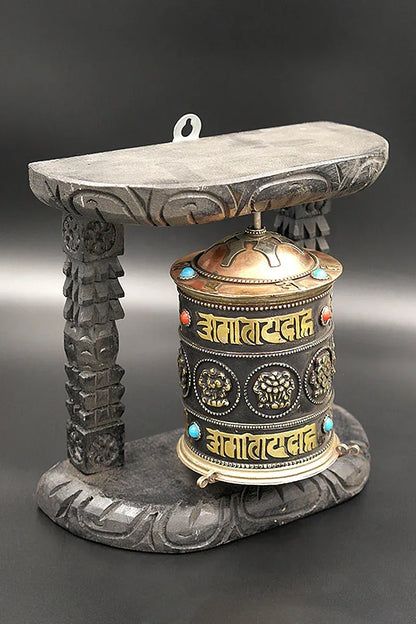 Eight Auspicious Symbols Buddhist Prayer Wheel in wooden frame - Vajracrafts