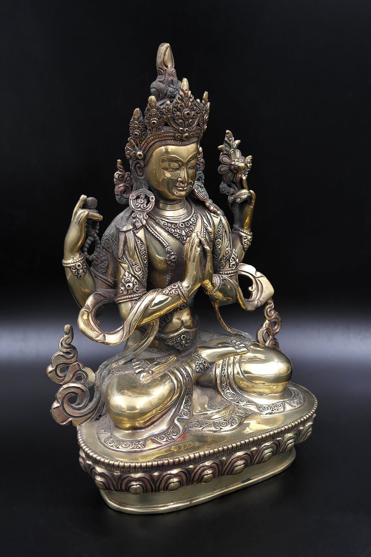 Gold Toned Tibetan Chenrezig Statue 12"