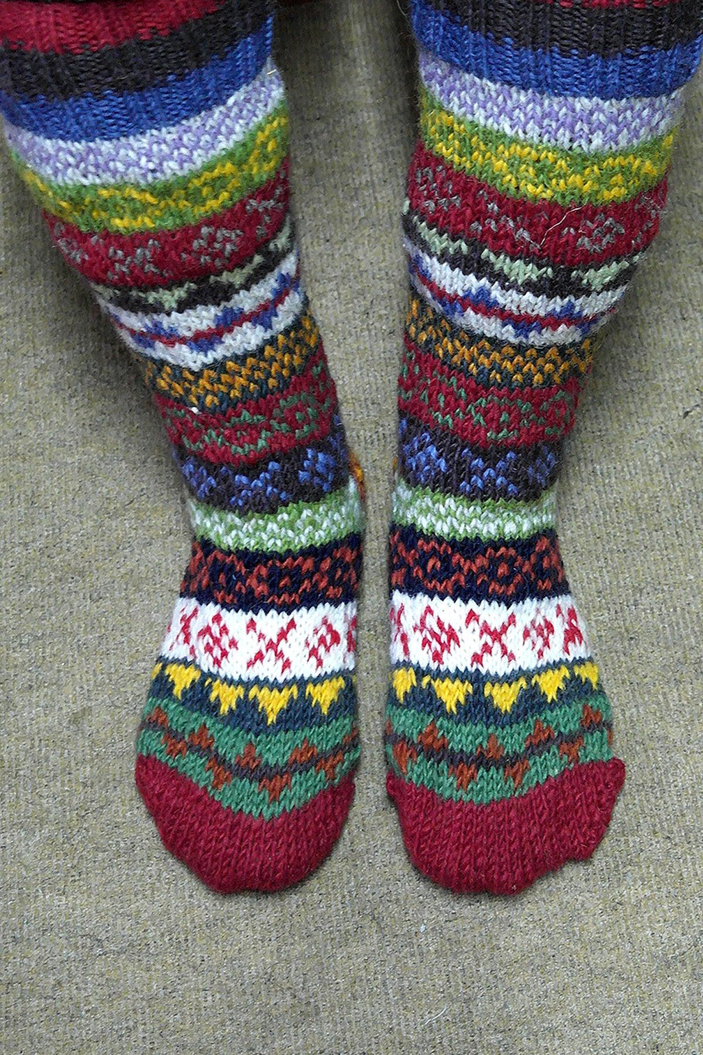 Maroon, blue, Green mixed color knitted Woolen Knee High Socks women - Vajracrafts