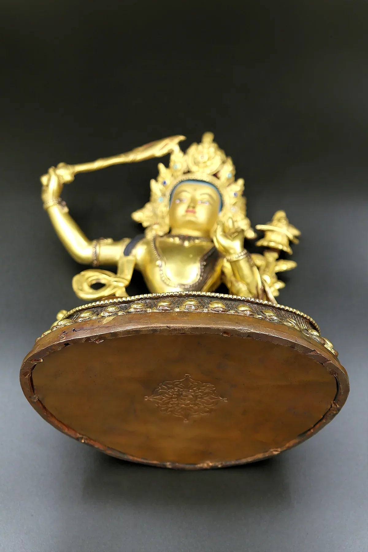 Partly Gold Plated Tibetan Buddhist Manjushree Statue from Nepal 9" - Vajracrafts