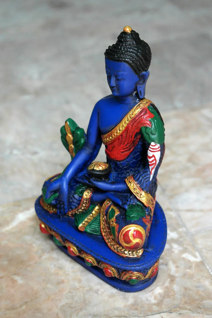 Color Painted Lapis tone Medicine Buddha Resin Statue with Dragon carved 6" - Vajracrafts
