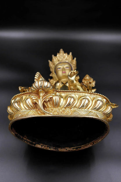 Elegant Hand carved Tibetan Green Tara Statue - Gold Plated Copper Alloy, 13" - Vajracrafts