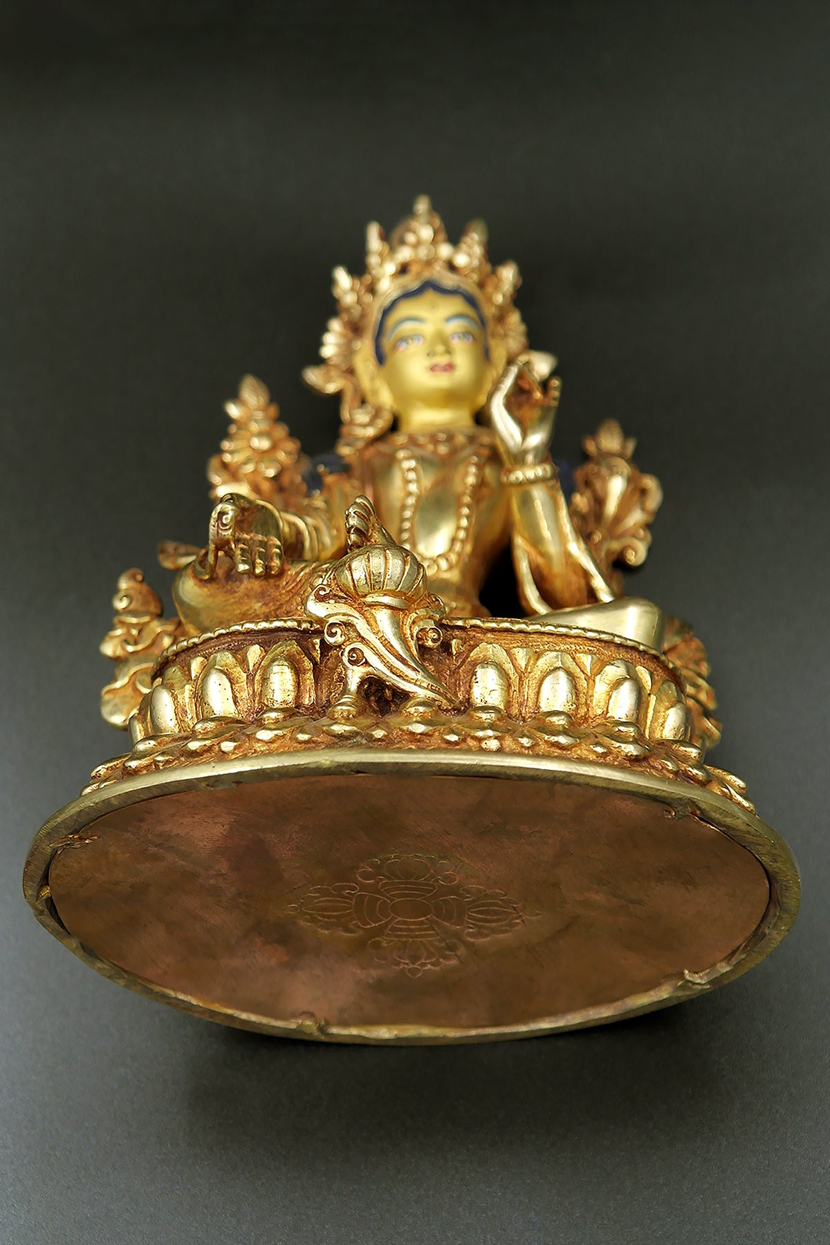 Gold Plated Green Tara Statue in double Lotus 6"