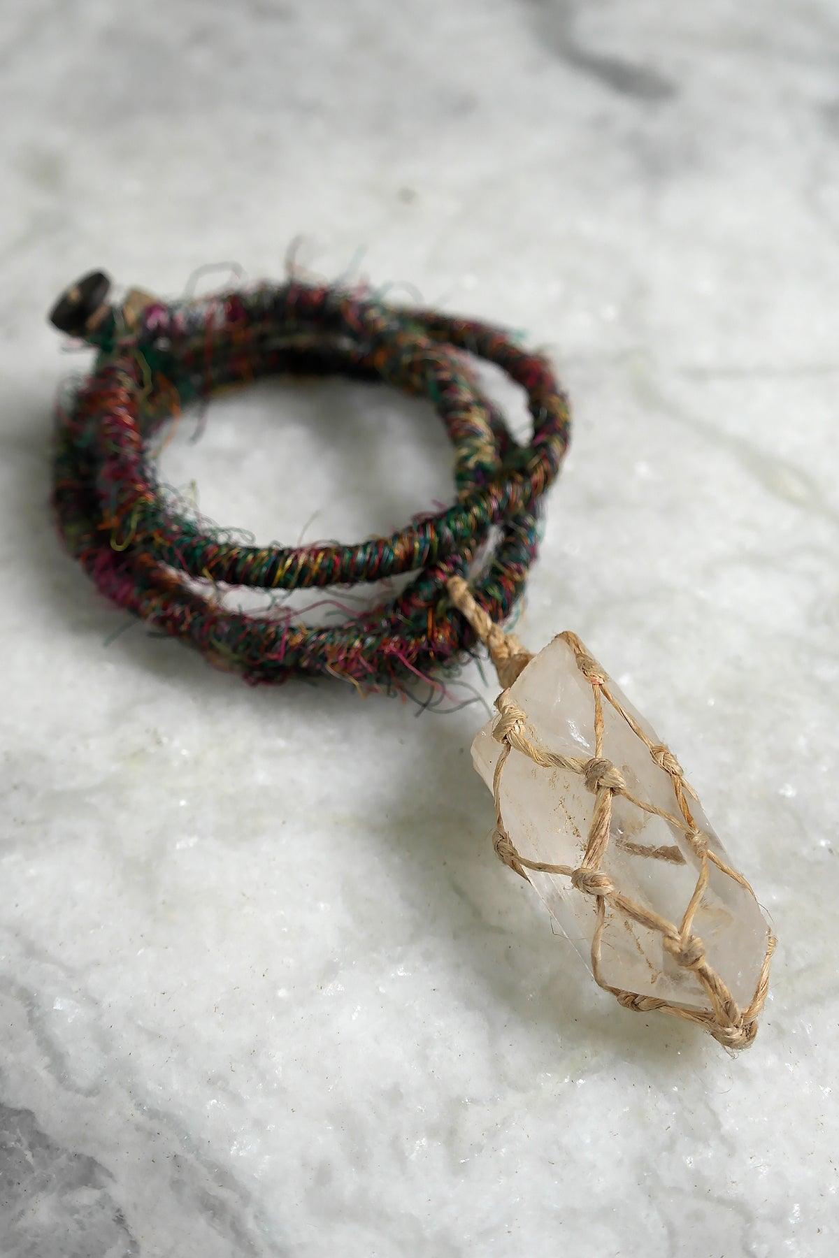Clear Crystal Stone Pendant Necklace with Silk Cord