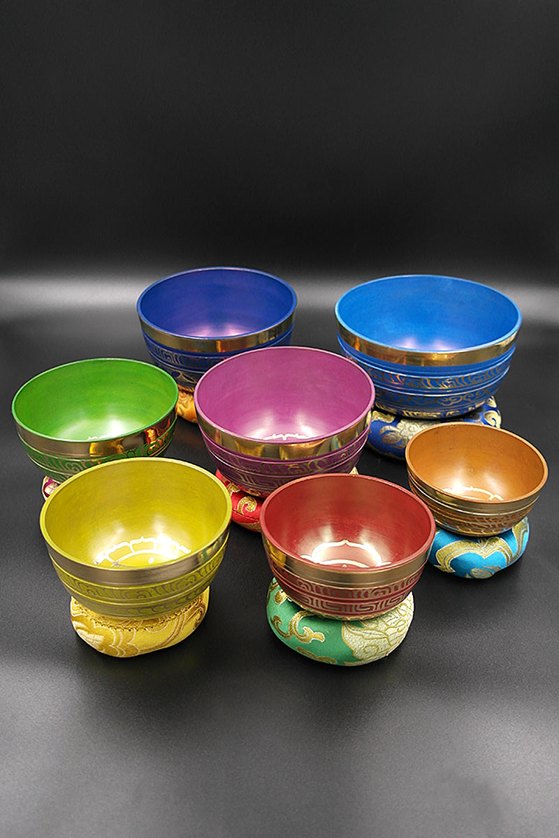 Sets of 7 Meditation Singing Bowls with seven chakra symbols 3"-5"