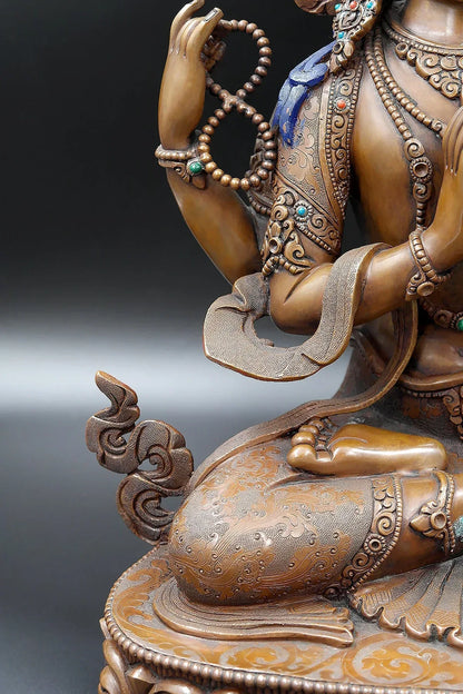 Four Armed Copper Oxidized Chenrezig Statue, 15" - Vajracrafts