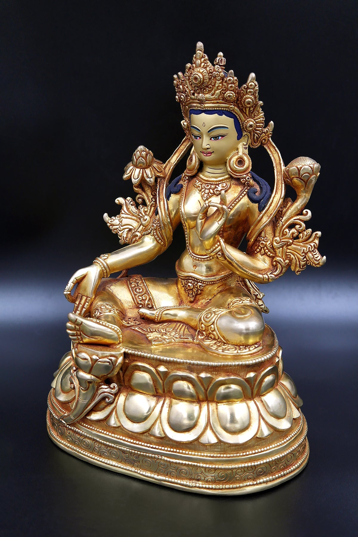 Tibetan Green Tara Statue in Double Lotus 10"