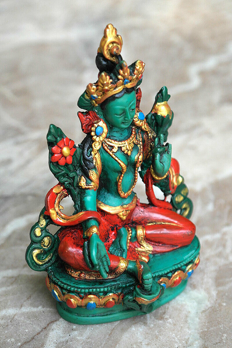 Hand Painted Tibetan Deity Green Tara Statue, 5"