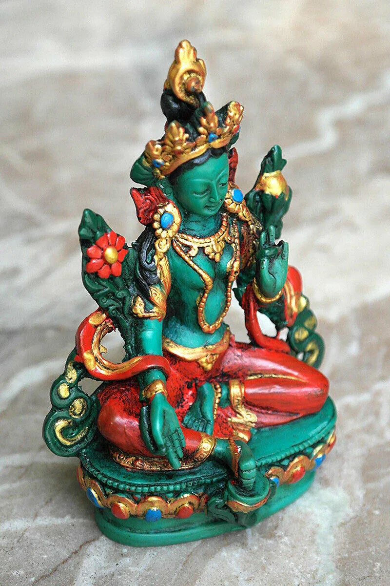 Hand Painted Tibetan Deity Green Tara Statue, 5" - Vajracrafts