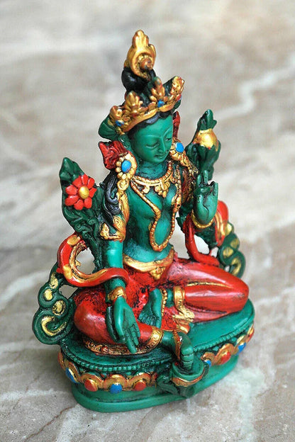 Hand Painted Tibetan Deity Green Tara Statue, 5" - Vajracrafts