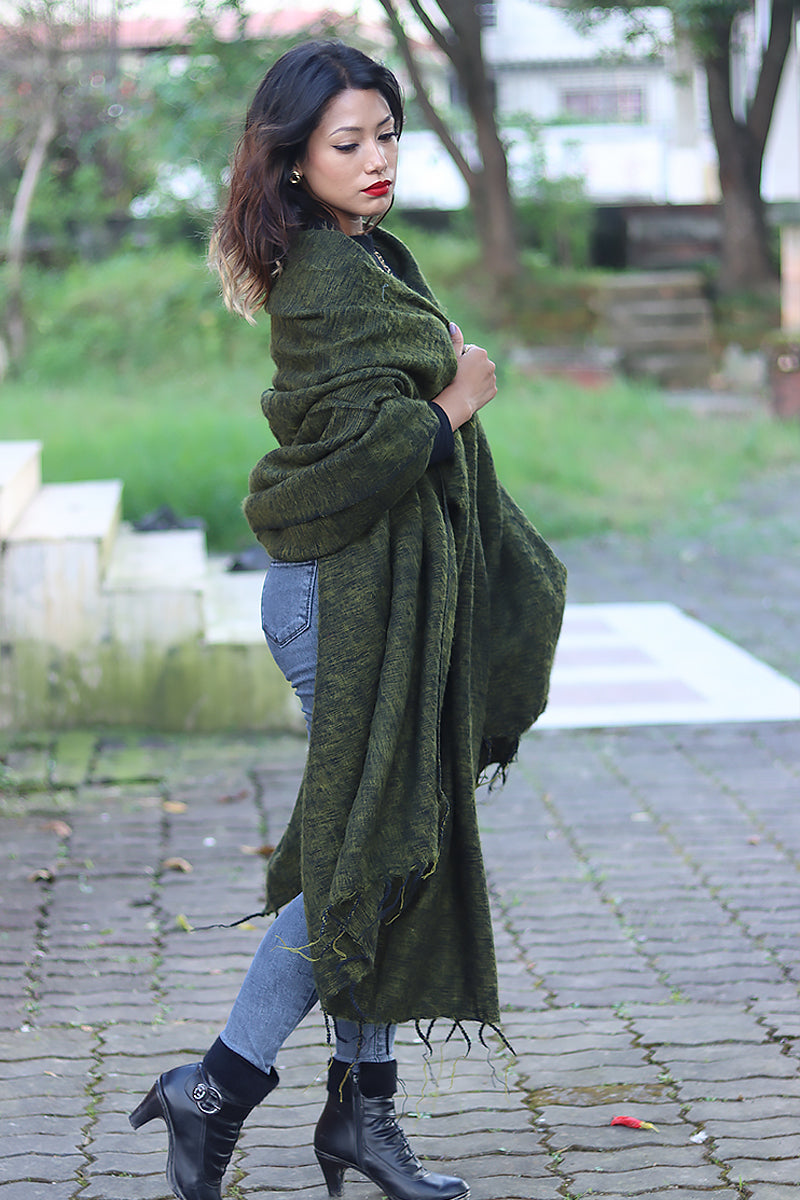 Handmade Himalayan Yak Wool Shawl Deep Forest Green