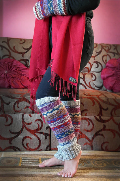 Grey blue and red mixed colors woolen leg warmers - Vajracrafts