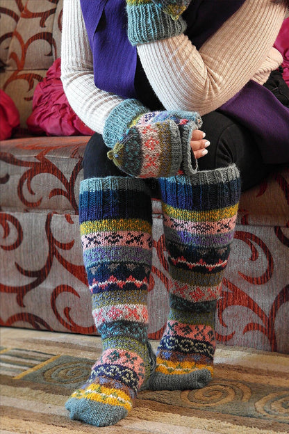 Blue Pink Yellow mixed color Woolen Knee High Socks - Vajracrafts