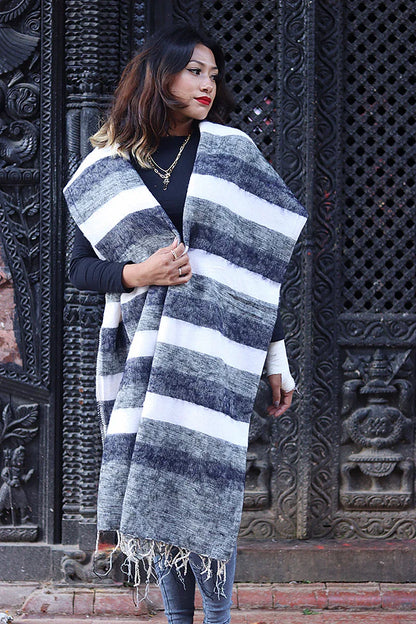 Bright Grey and White Yak Wool Shawl/Oversized Blanket - Vajracrafts