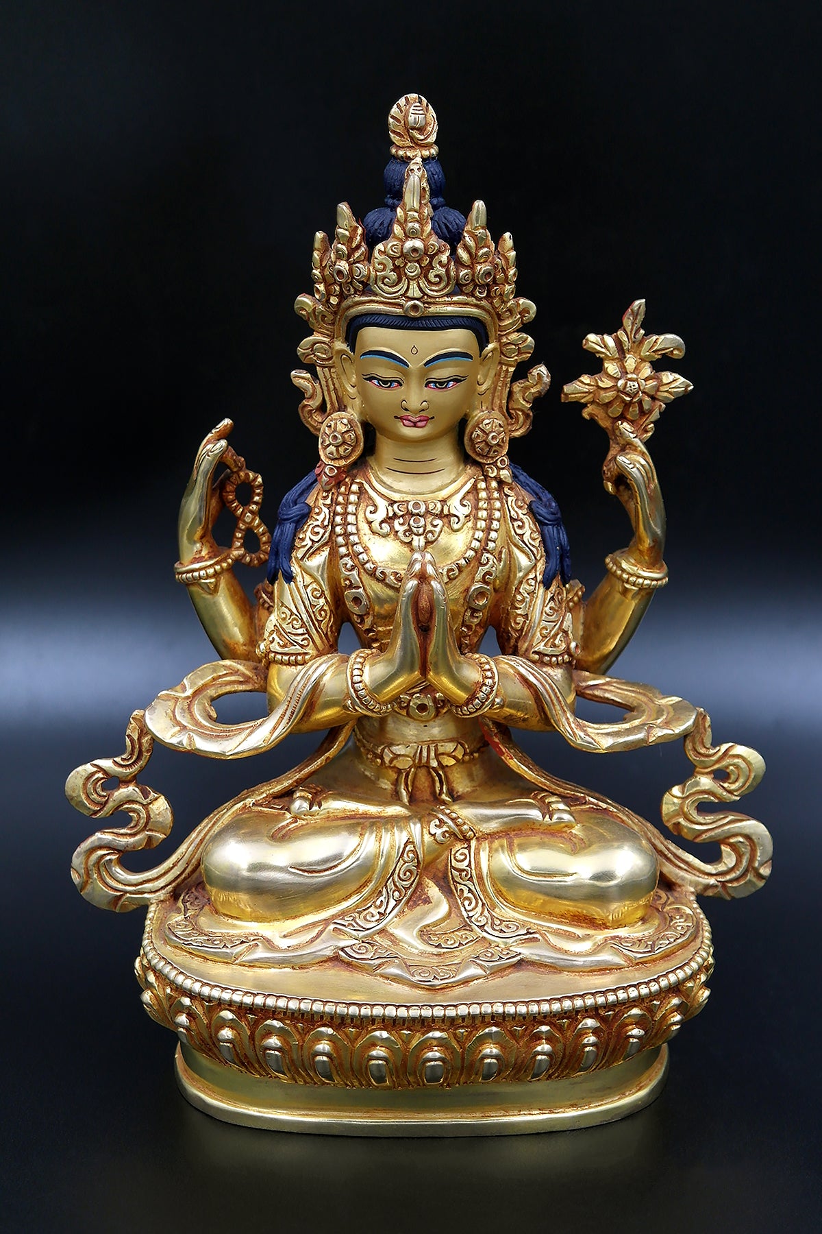 Fully Gold Plated Masterpiece Tibetan Chenrezig Statue 9"