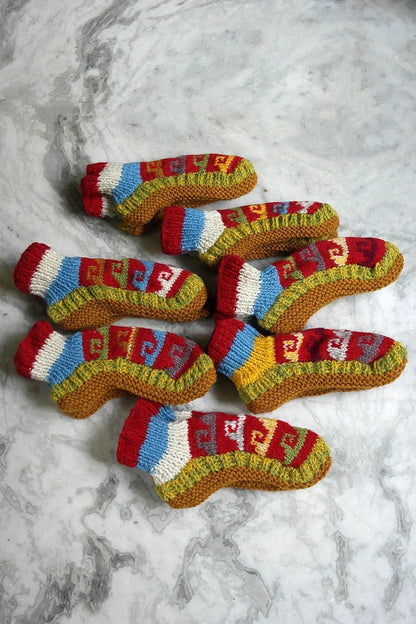 Red White and light blue mixed colors waves pattern woolen ankle socks - Vajracrafts