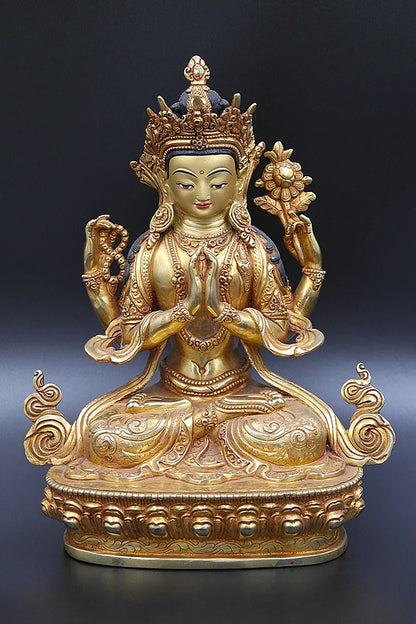 Gold Plated Masterpiece Tibetan Chenrezig Statue, God of Passion 9" - Vajracrafts