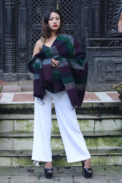 Handwoven Yak wool Shawl in Dark Brown, Green - Vajracrafts