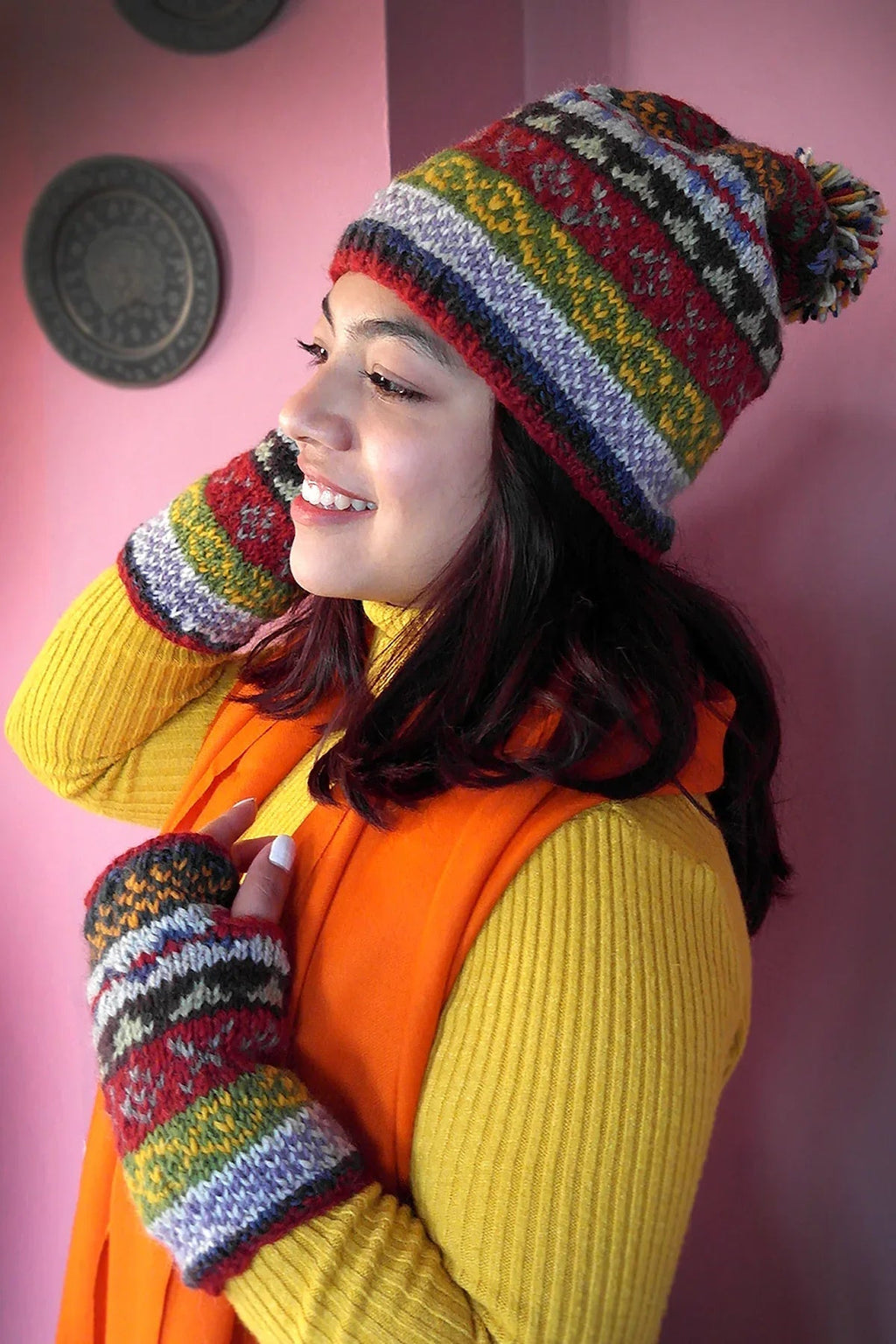 Womens Knit Winter Warm Pom Pom Beanie Hat Red Green mixed - Vajracrafts