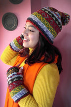 Womens Knit Winter Warm Pom Pom Beanie Hat Red Green mixed - Vajracrafts