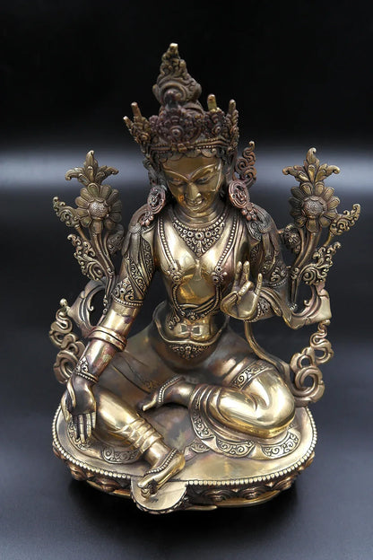 Gold toned Tibetan Green Tara statue from Nepal 12" - Vajracrafts