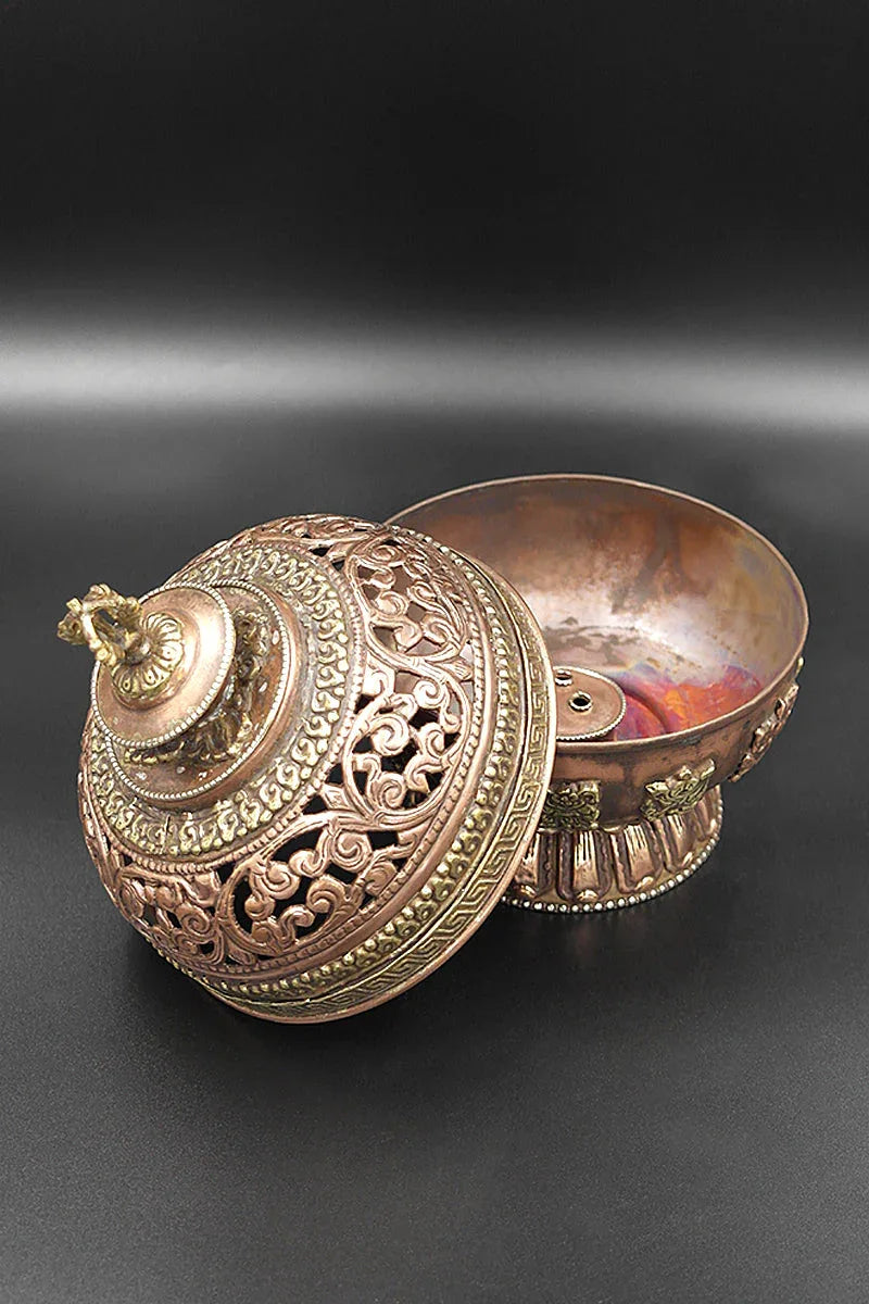 Eight Auspicious Symbols Round Shaped Copper Incense Burner - Vajracrafts