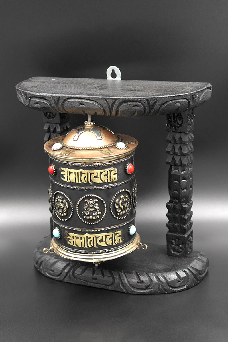 Eight Auspicious Symbols Buddhist Prayer Wheel in wooden frame