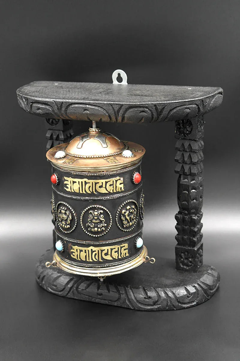 Eight Auspicious Symbols Buddhist Prayer Wheel in wooden frame - Vajracrafts