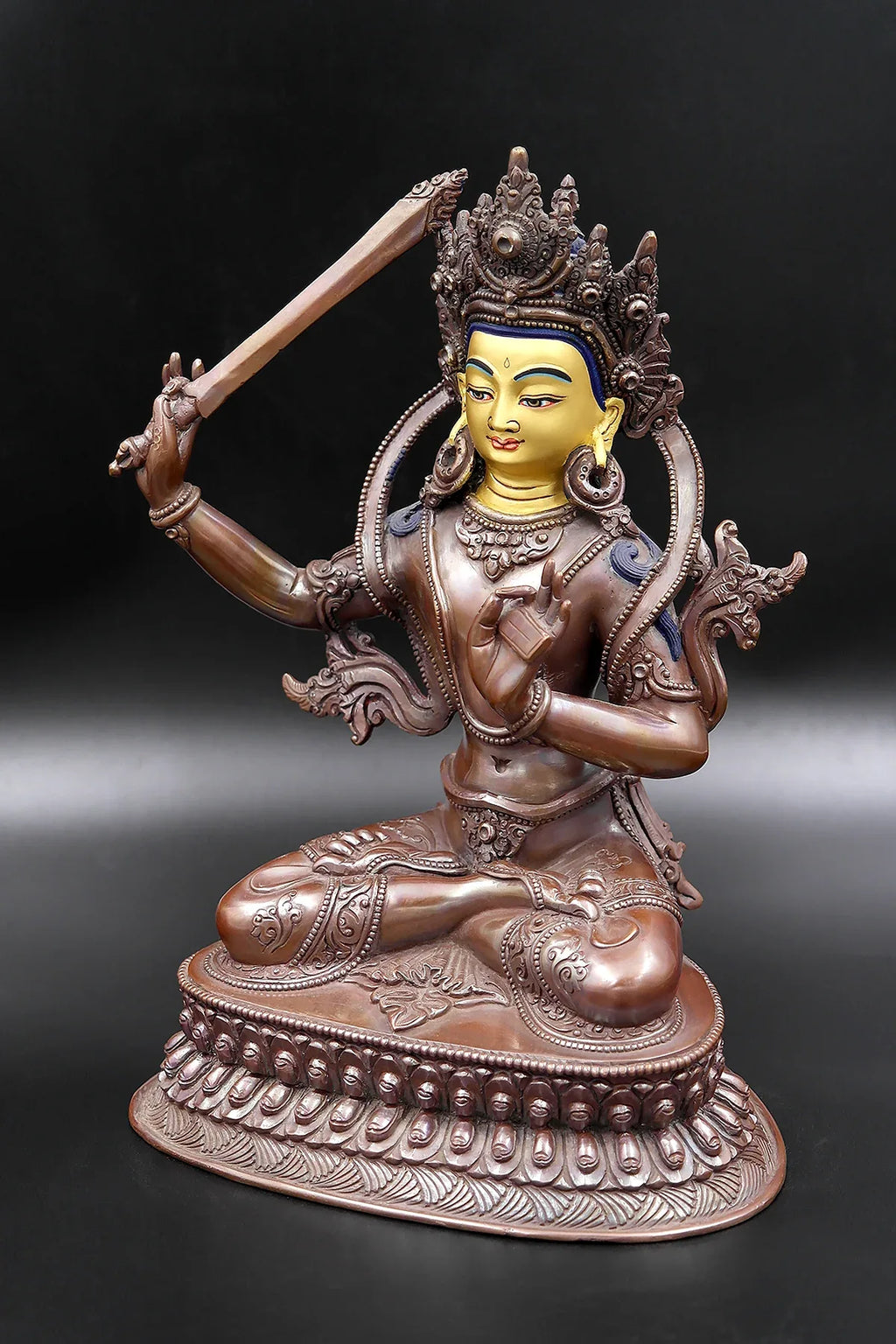 Copper Oxidized Tibetan Manjushree Statue from Nepal 8" - Vajracrafts
