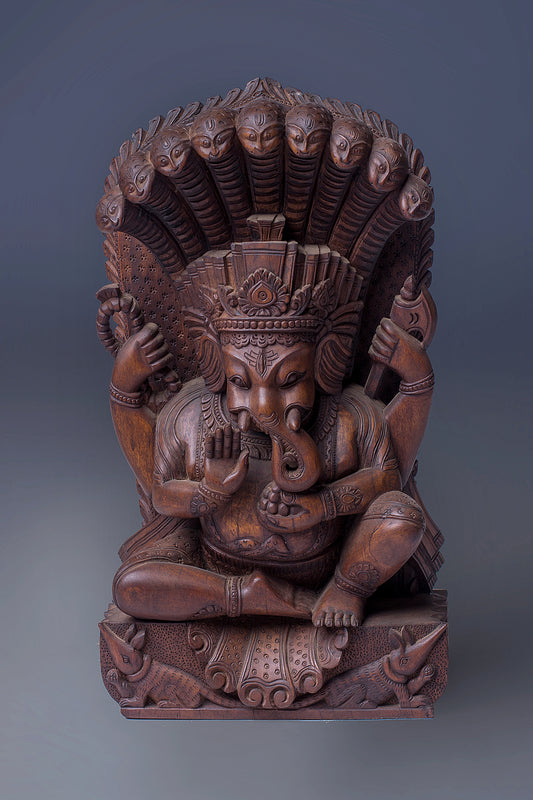 Handmade Four Hand Wooden Ganesh Statue, Hindu Deity Ganesha