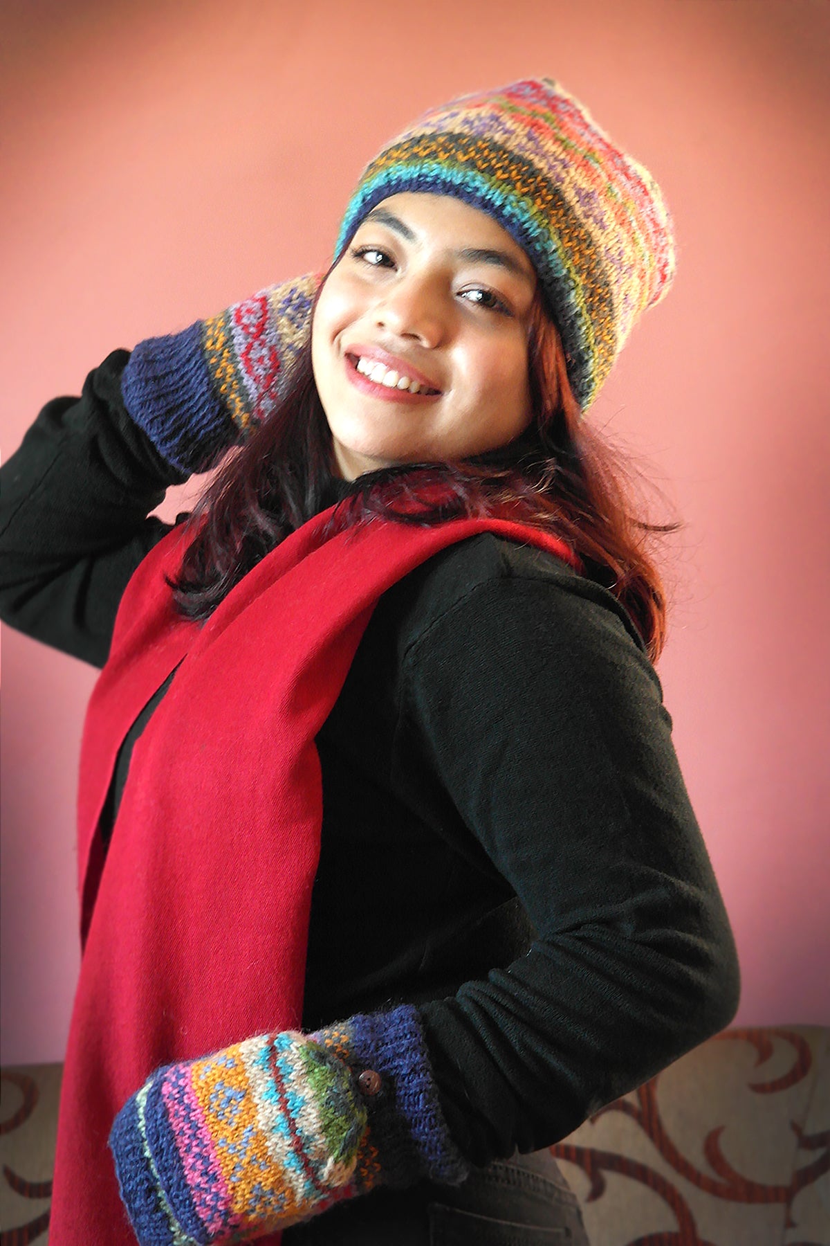Womens Knit Winter Warm Pom Pom Beanie Hat Green blue and red