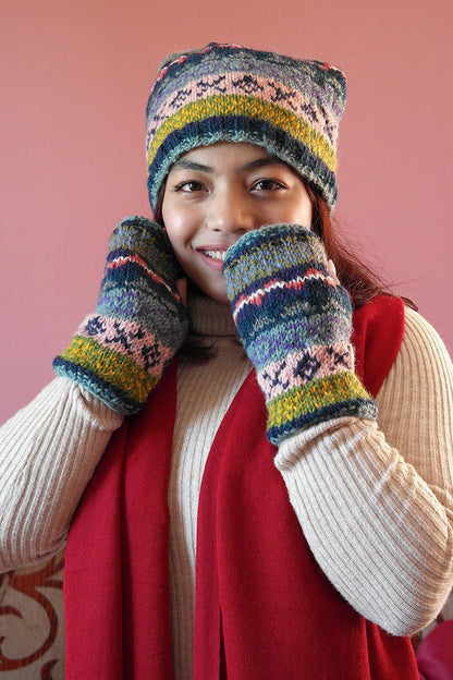 Hand Knitted Blue pink and Multi Colored Woolen Hand Warmers - Vajracrafts