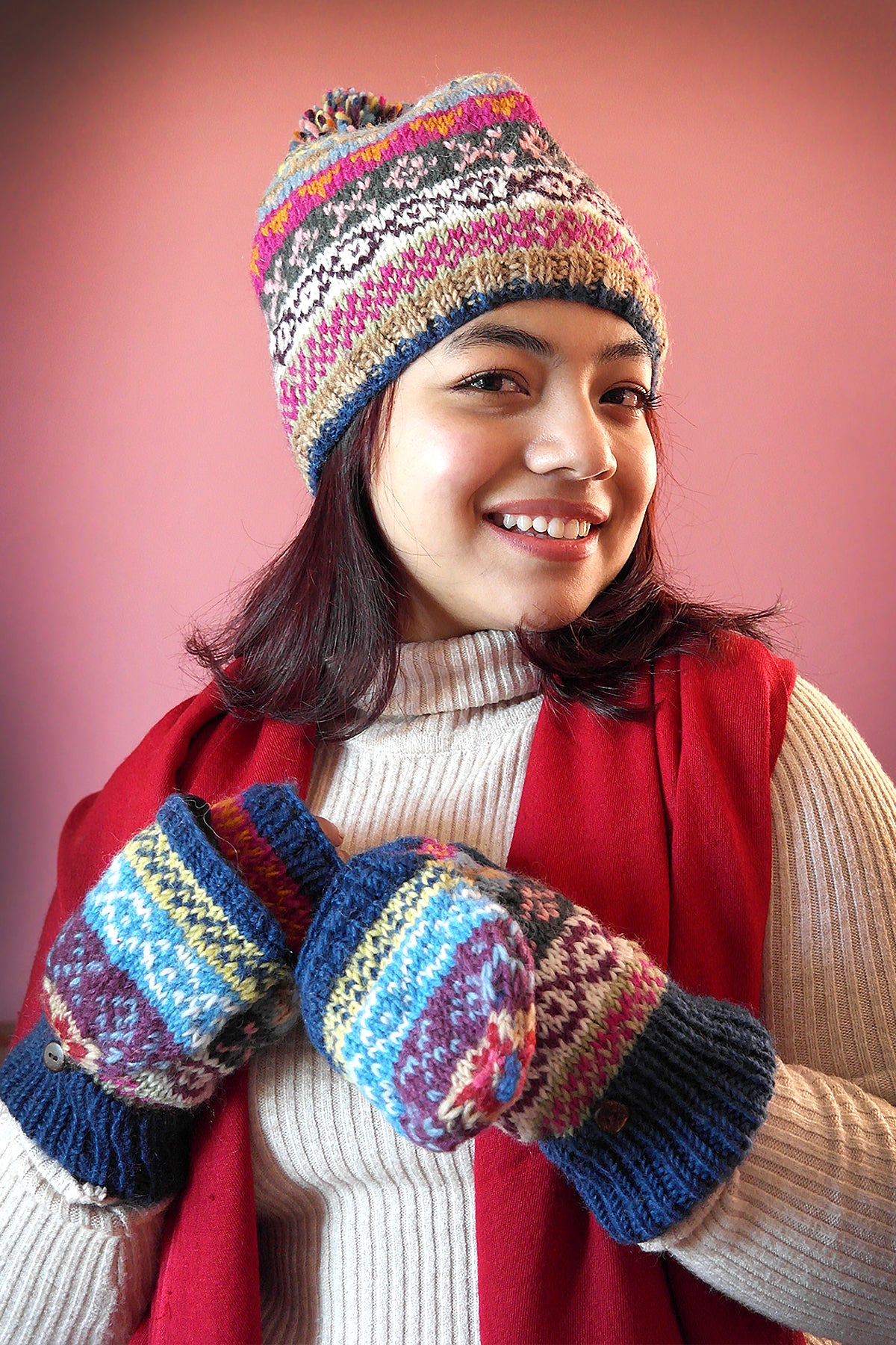 Blue Pink Womens Knit Winter Warm Pom Pom Beanie Hat