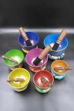 Sets of 7 Meditation Singing Bowls with seven chakra symbols 3"-5" - Vajracrafts