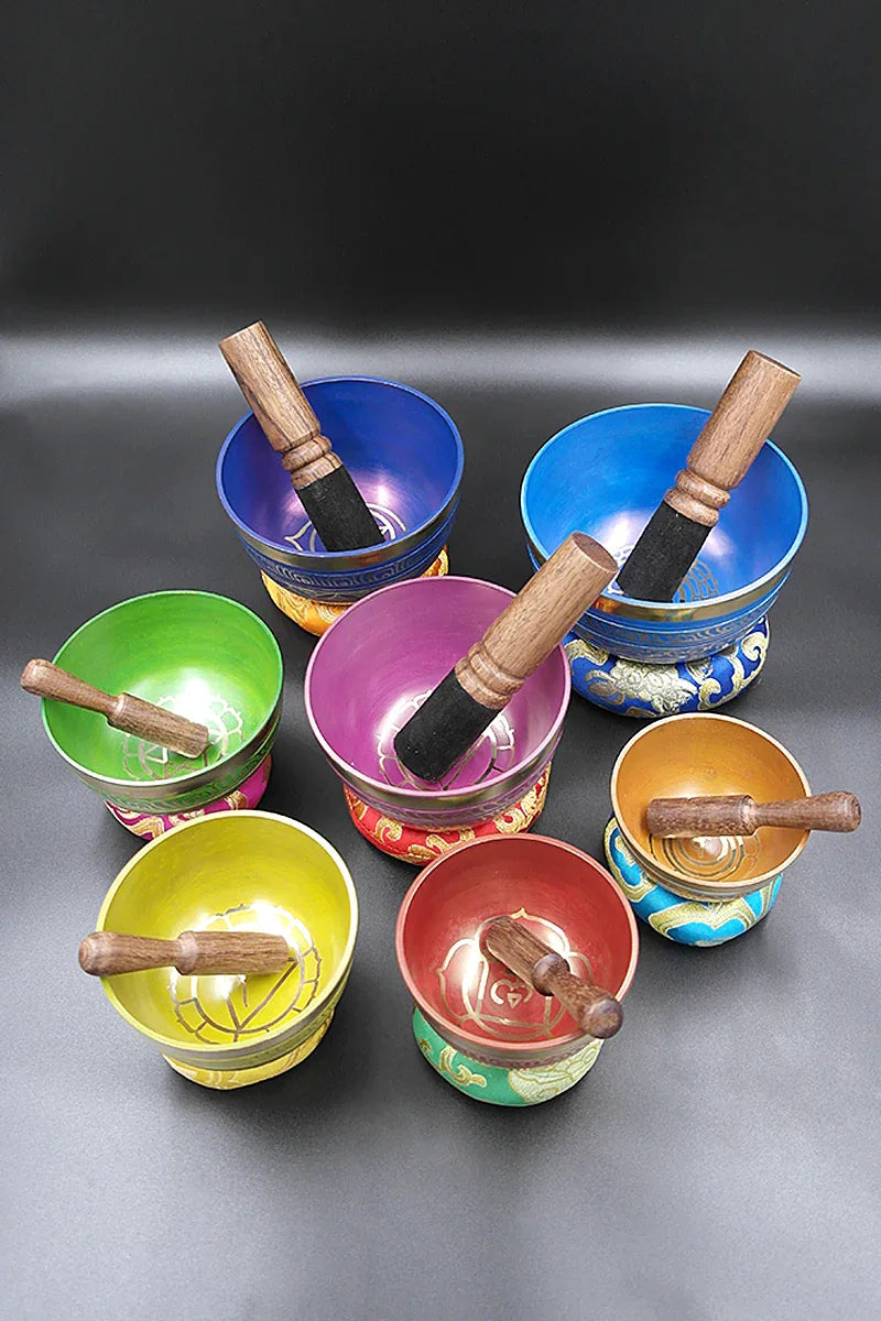 Sets of 7 Meditation Singing Bowls with seven chakra symbols 3"-5" - Vajracrafts