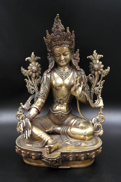 Gold toned Tibetan Green Tara statue from Nepal 12" - Vajracrafts