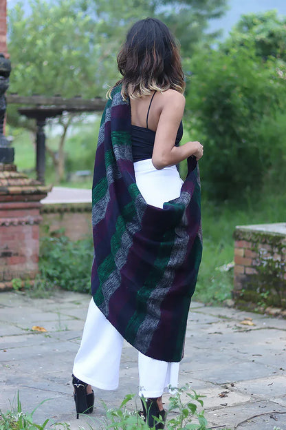 Handwoven Yak wool Shawl in Dark Brown, Green - Vajracrafts