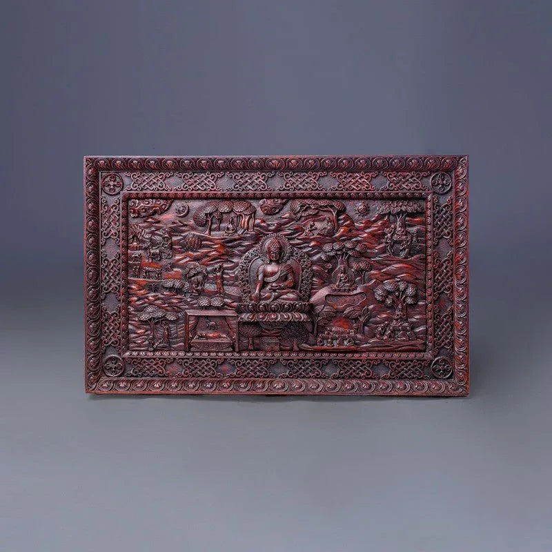Buddha`s life carved Wooden Thangka Wall Art Décor - Vajracrafts