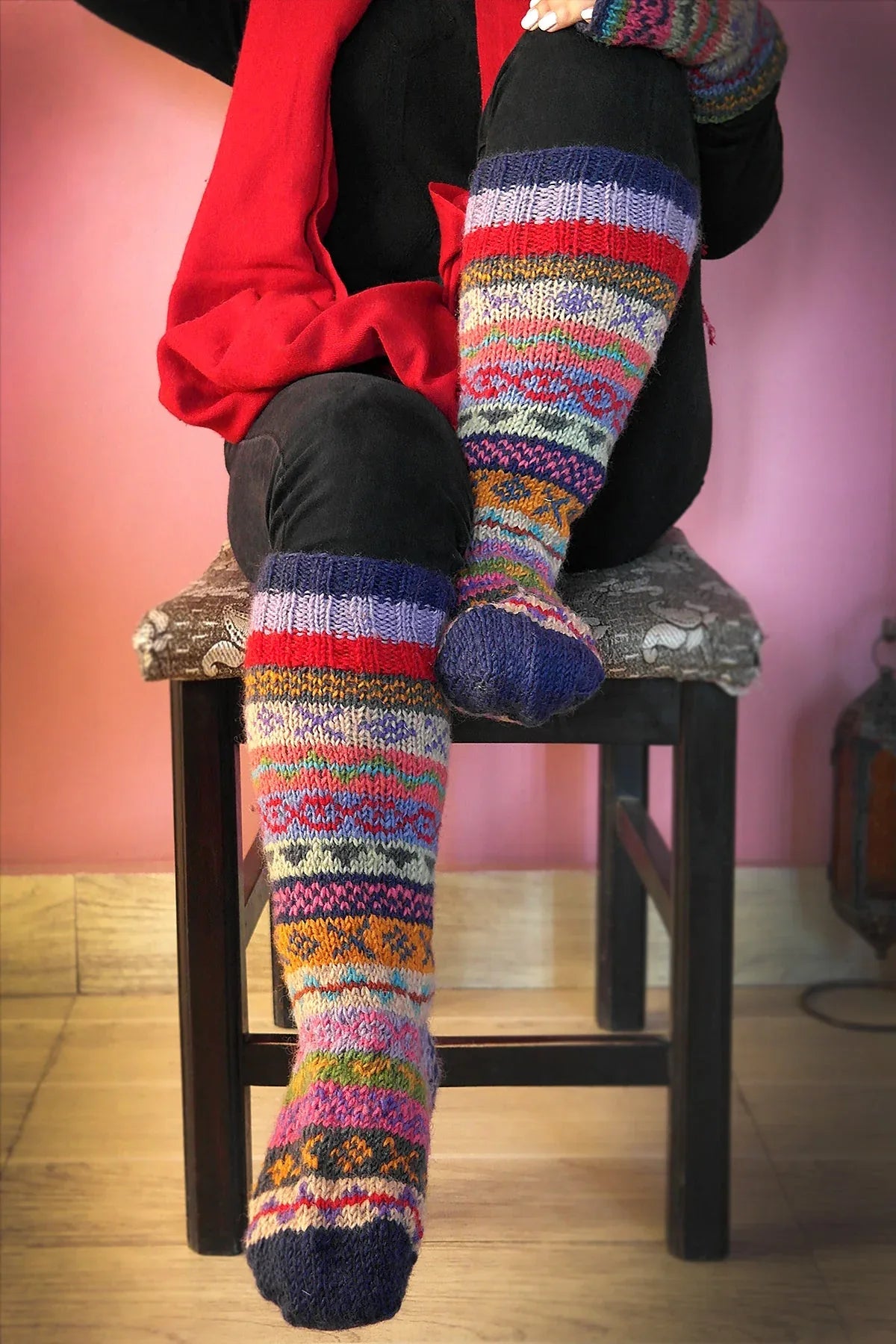 Blue pink and green mixed color Woolen Knee High Socks - Vajracrafts