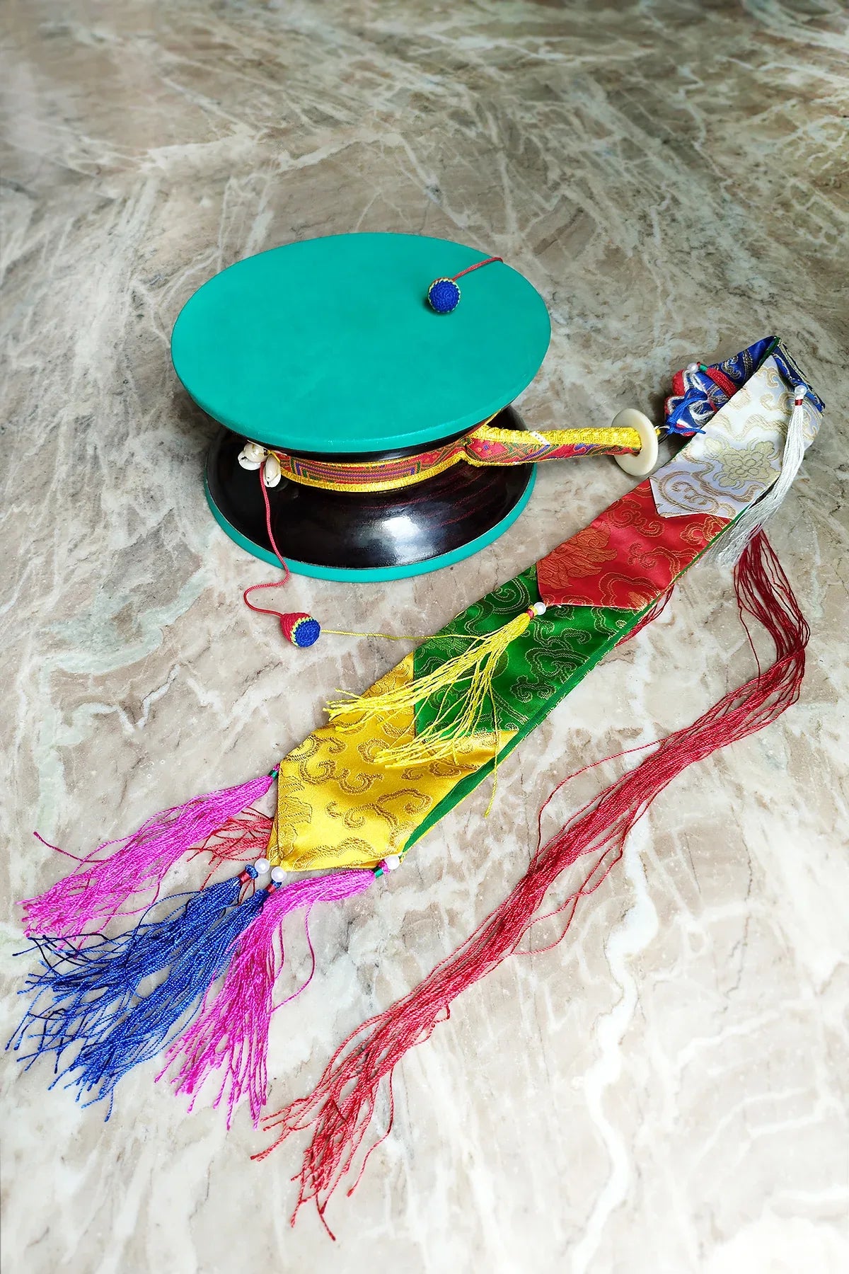 Tibetan Buddhist Ritual Chod Drum/Damaru with Yellow Brocade Cover - Vajracrafts