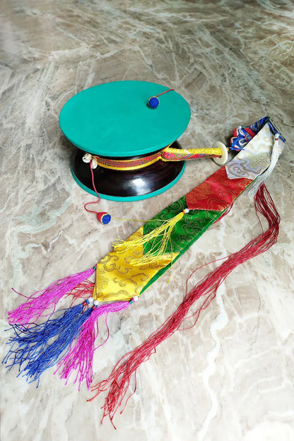 Tibetan Buddhist Ritual Chod Drum/Damaru with Yellow Brocade Cover - Vajracrafts