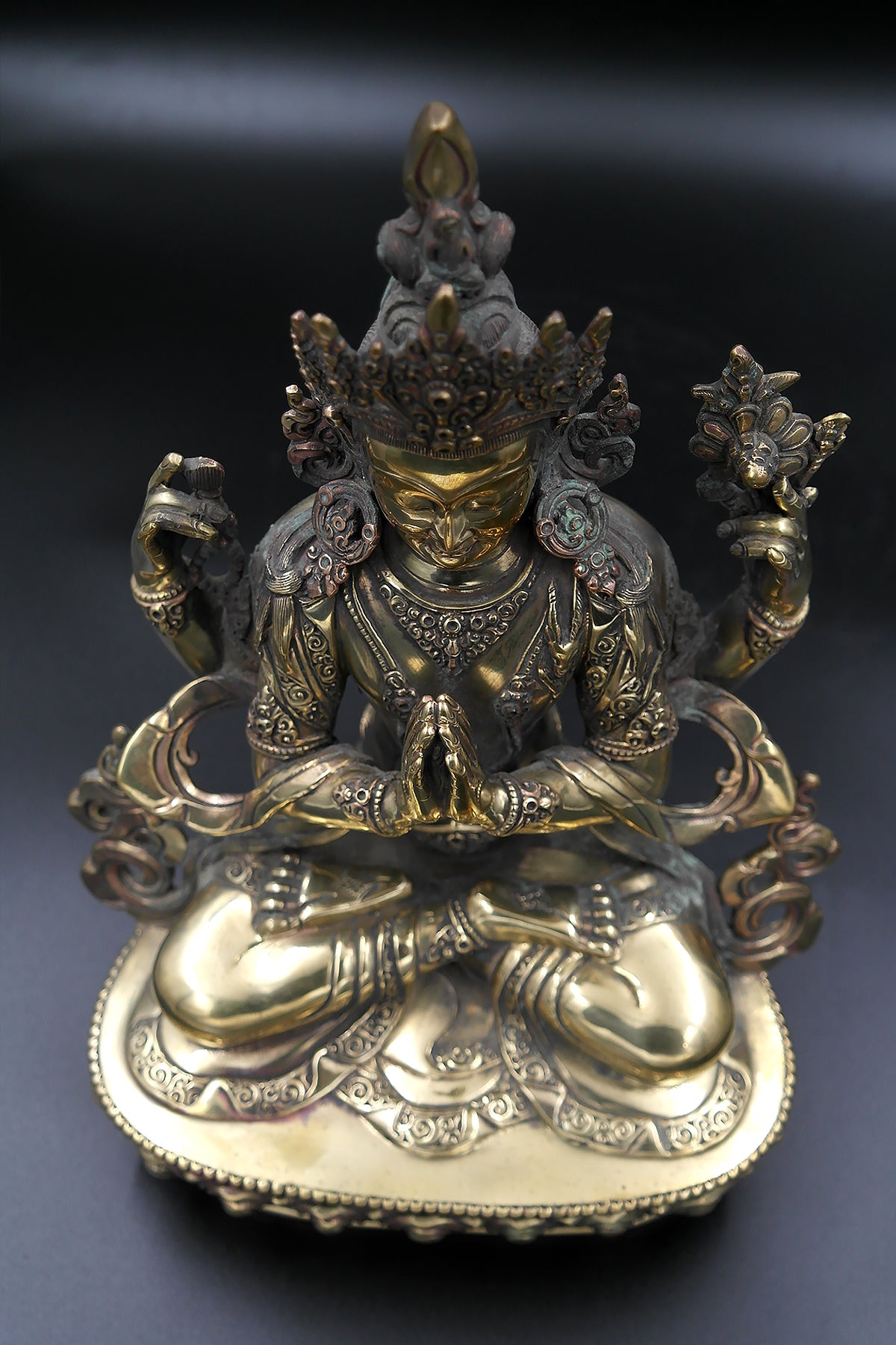 Gold Toned Tibetan Chenrezig Statue 12"