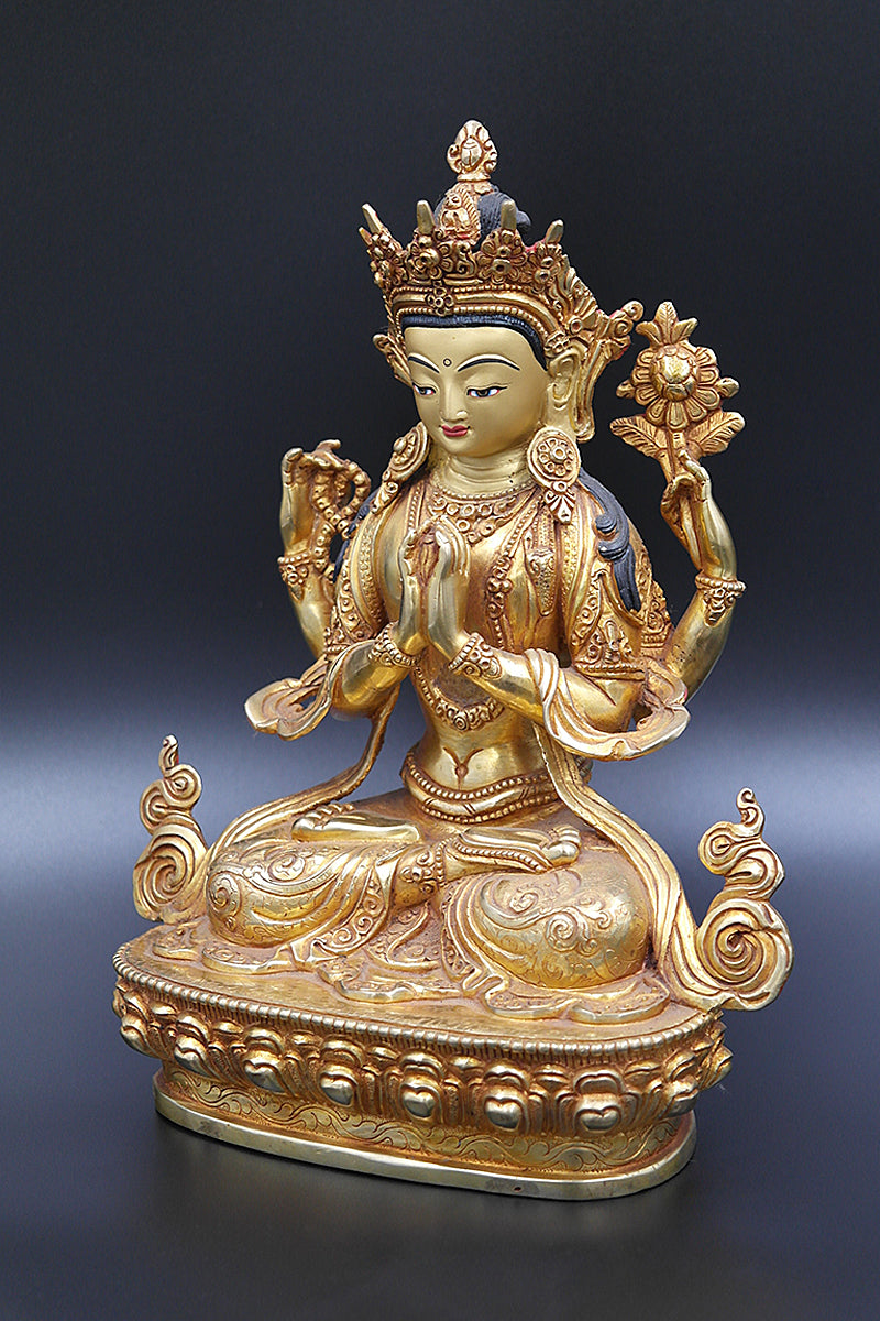 Gold Plated Masterpiece Tibetan Chenrezig Statue, God of Passion 9"