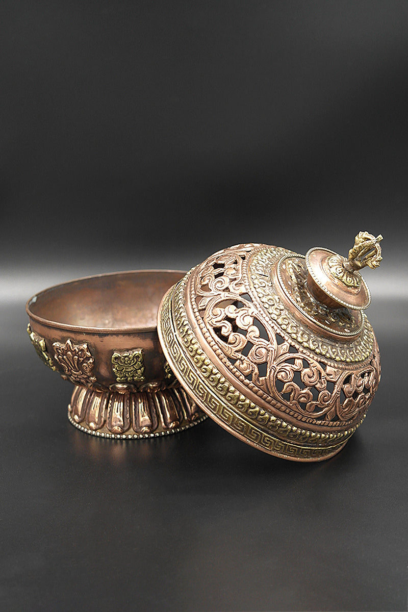 Eight Auspicious Symbols Round Shaped Copper Incense Burner | Vajracrafts