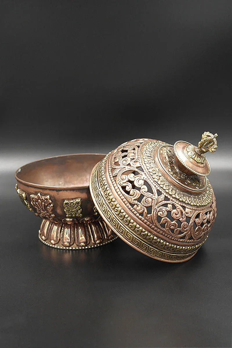 Eight Auspicious Symbols Round Shaped Copper Incense Burner - Vajracrafts