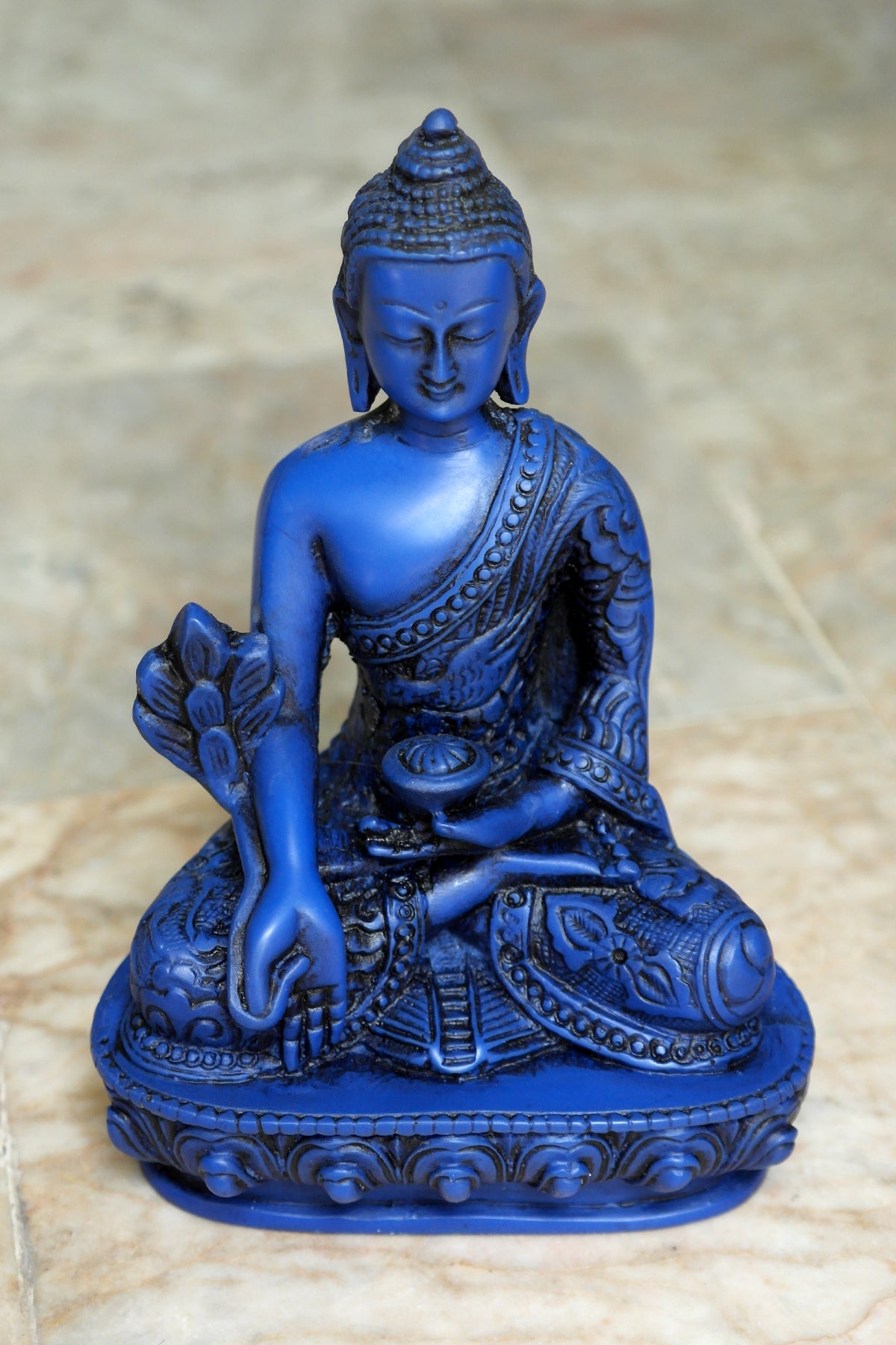 Lapis tone Medicine Buddha Resin Statue with Dragon carved 6"