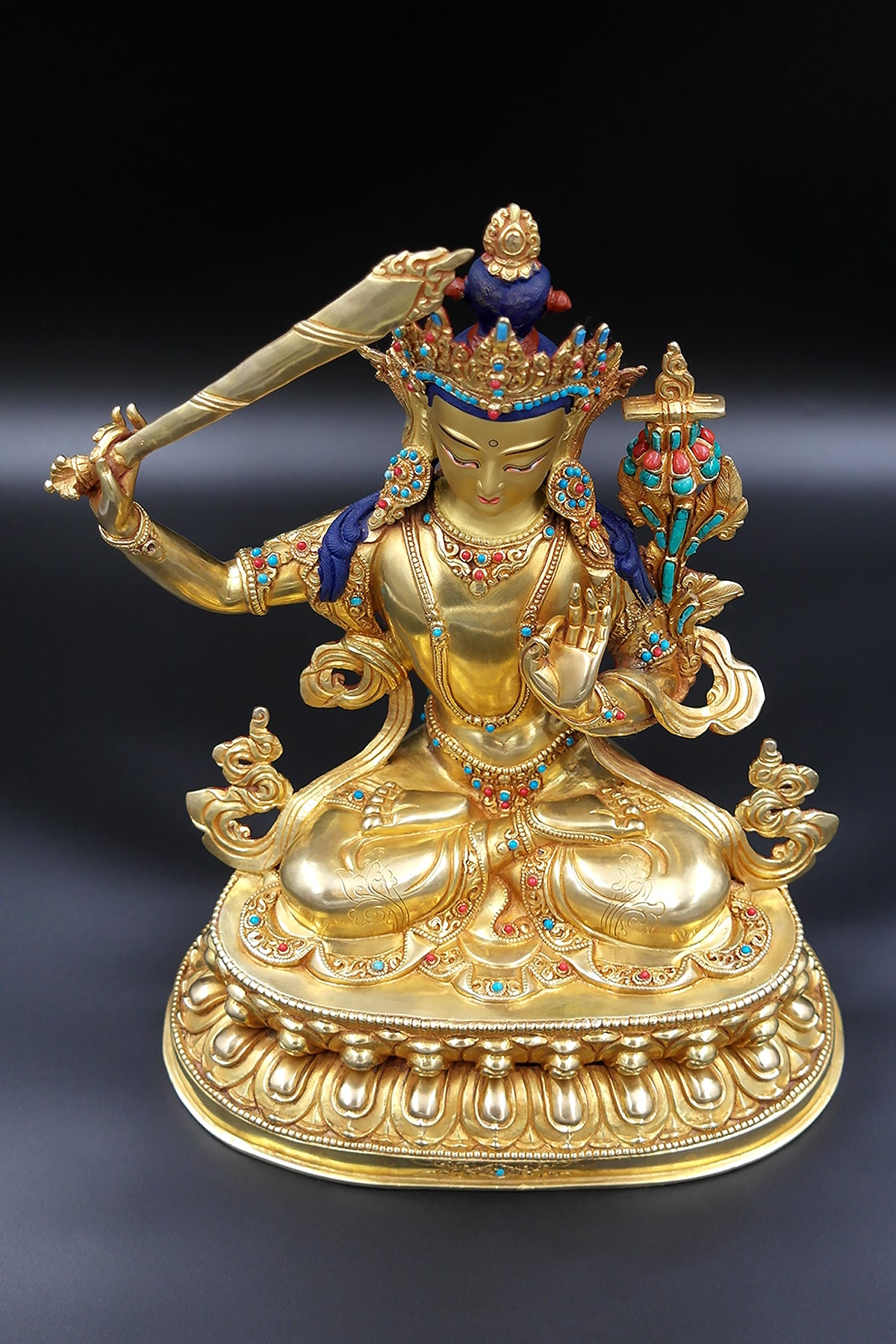 Gold Plated Exquisite Tibetan Manjushree Statue 9"