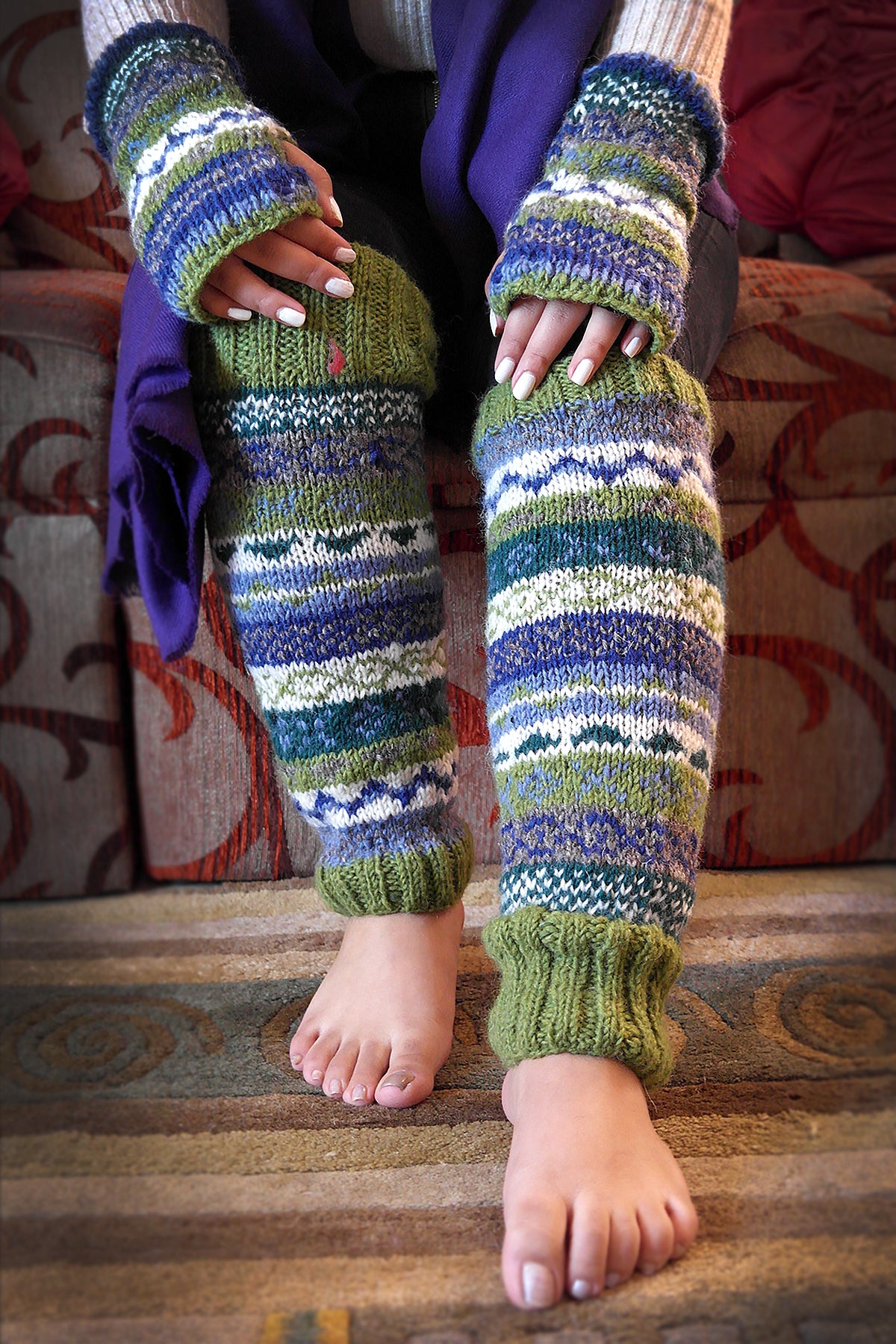 Forest Green and mixed colors woolen leg warmer